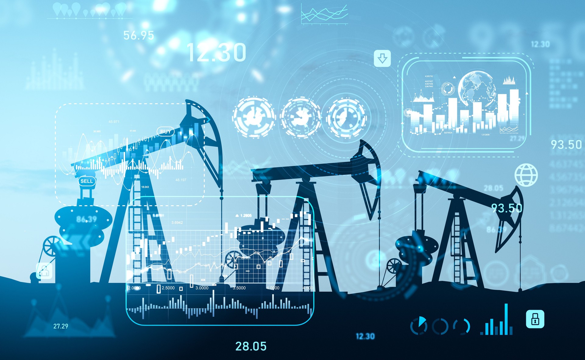 Extracción de petróleo y hud del mercado de valores con gráficos, estadísticas y datos